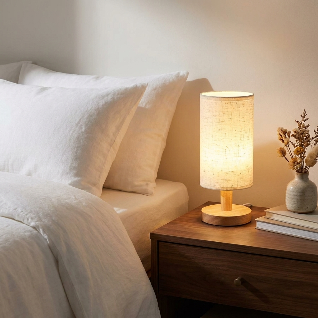 Wooden bedside lamp with linen shade glowing on a nightstand