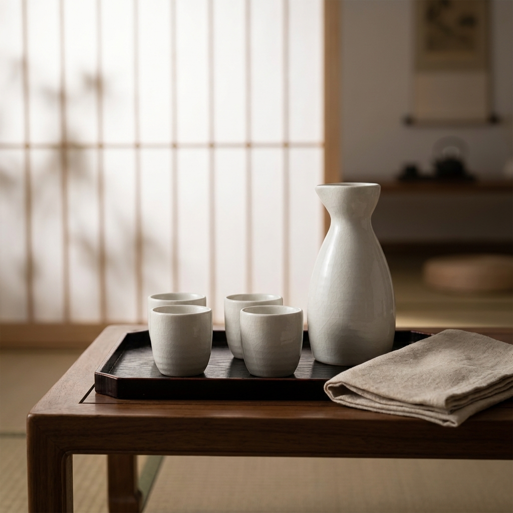 White ceramic sake cup and pot set on a lacquered tray in a minimalist interior