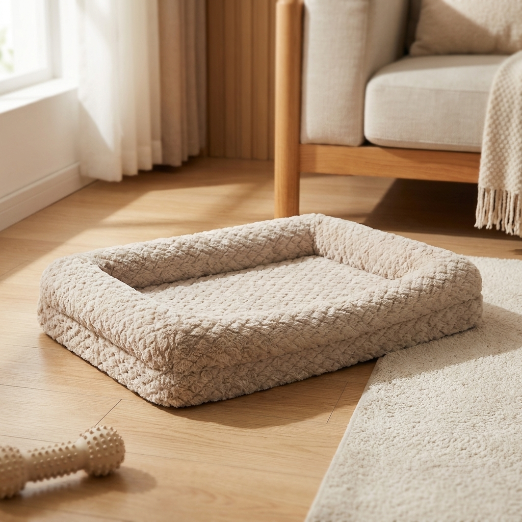 Faux fur orthopedic pet bed on a light oak floor in a warm living room