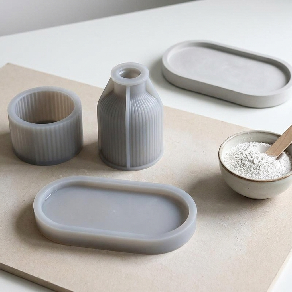 Silicone casting moulds for tray, vase and jar arranged on a craft workbench