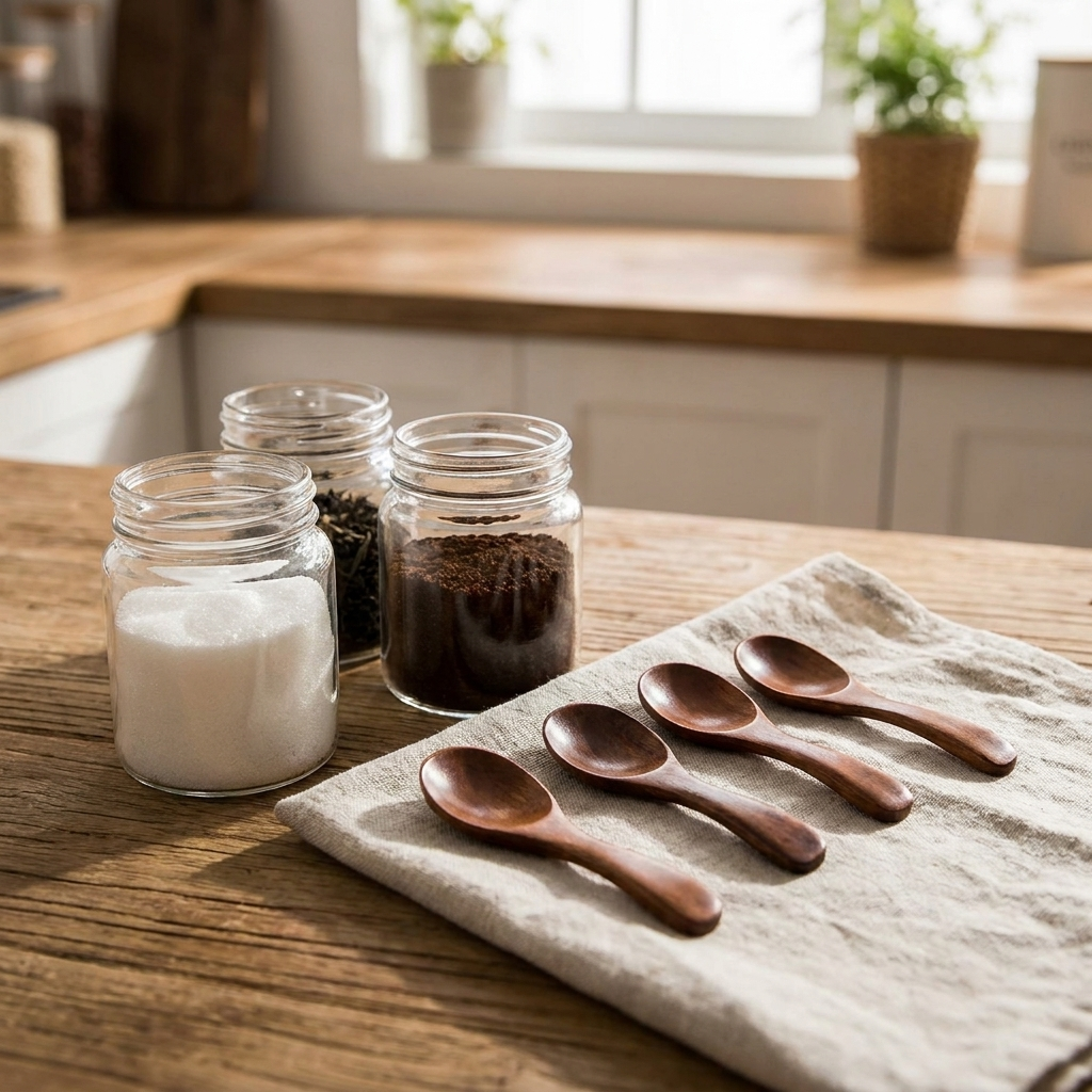 Set of four mini wooden condiment spoons on linen beside small jars on a kitchen counter