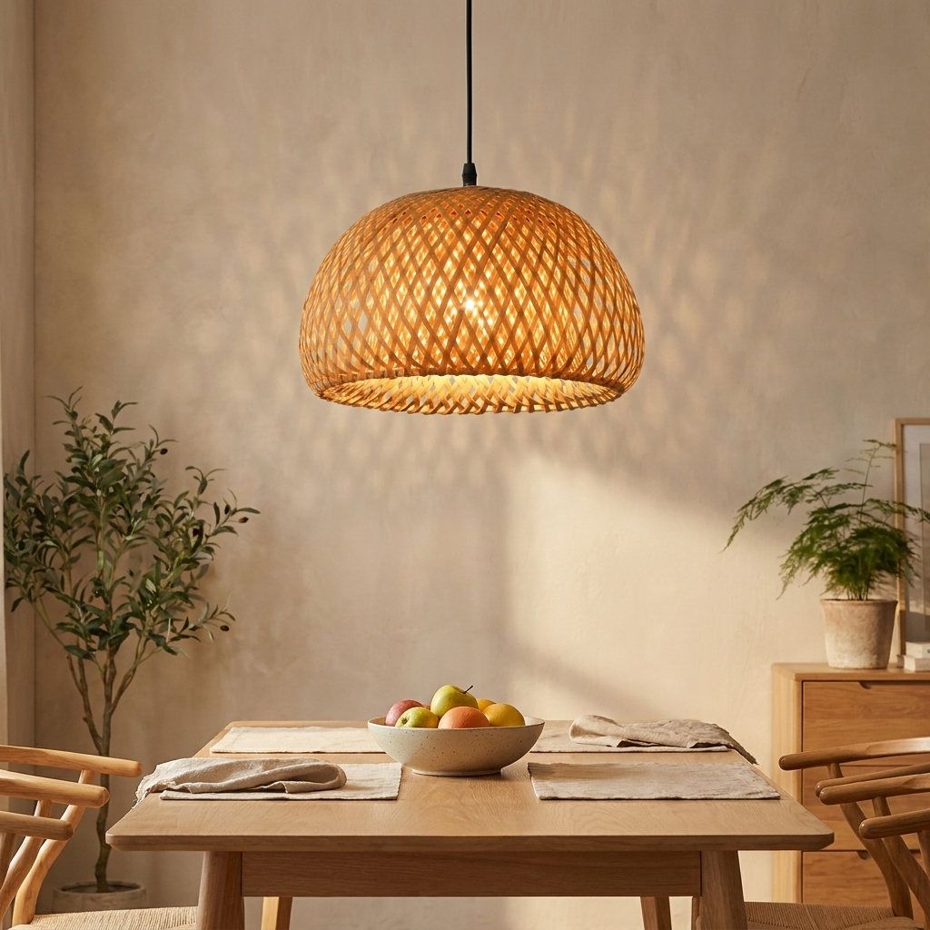 Handwoven bamboo rattan pendant lamp glowing above a wooden dining table