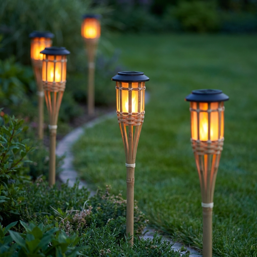 Bamboo solar flame torch lights glowing along a garden path at dusk