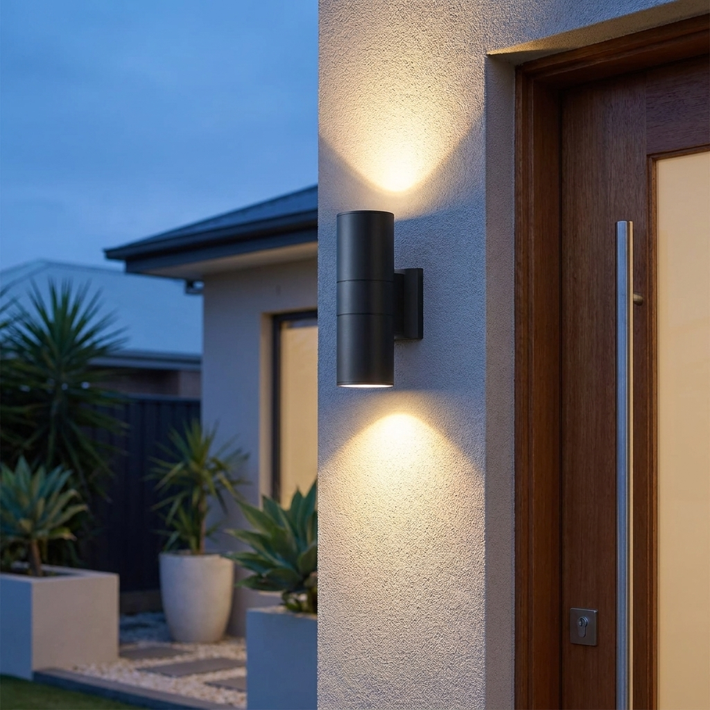 Black up-down LED wall light mounted on an exterior house wall at dusk