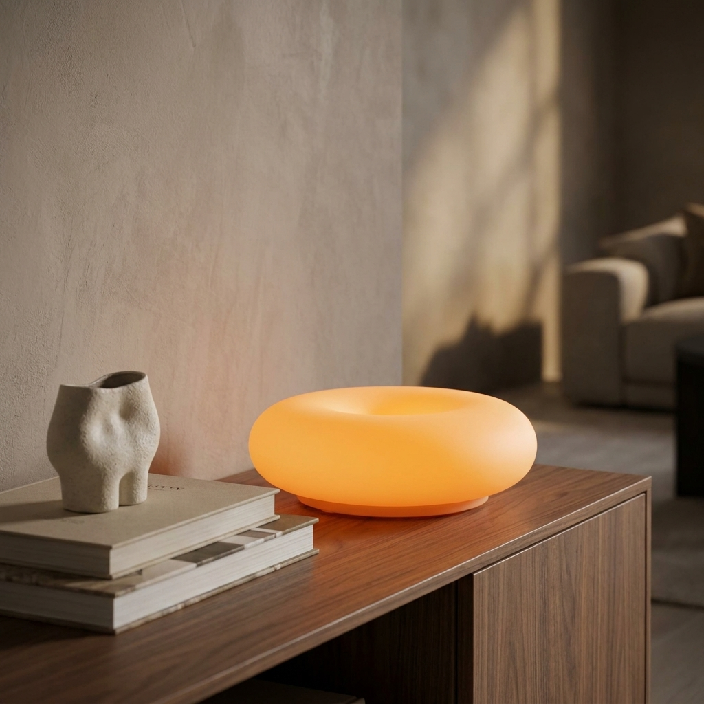 Ring-shaped donut Bauhaus table lamp glowing on a walnut console table