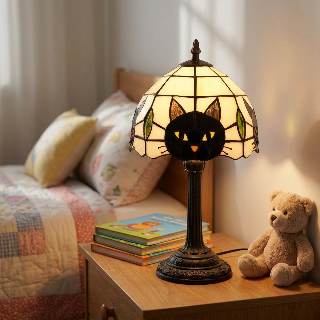 Black cat shaped table lamp glowing on a child's bedroom nightstand