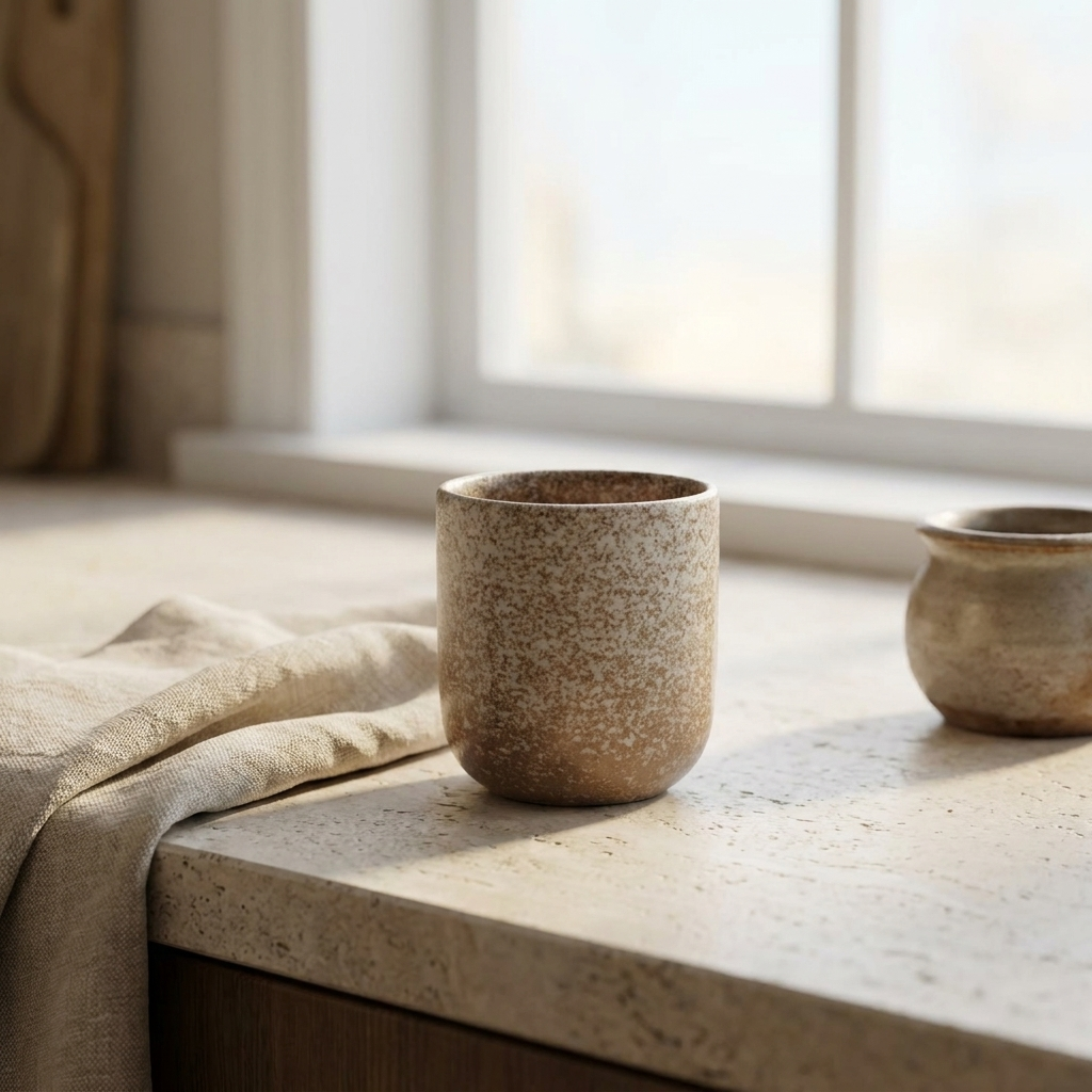 Small ceramic porcelain cup on a pale stone kitchen counter beside a linen cloth