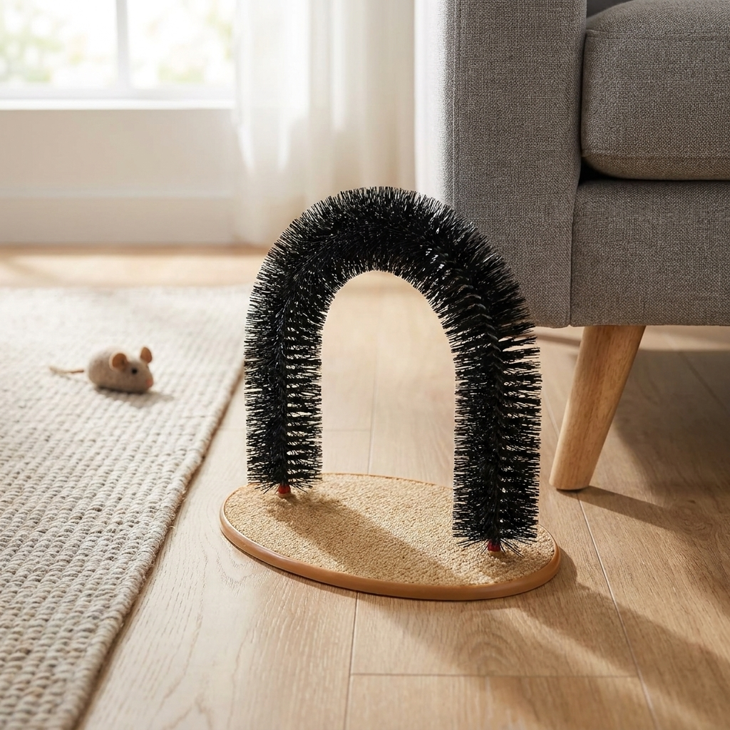 Arch-shaped cat self-grooming brush toy on a light oak floor in a modern living room