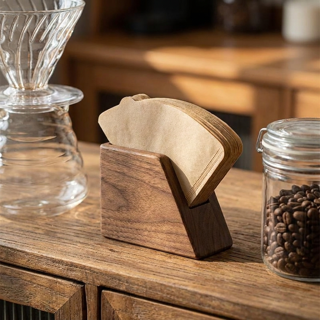 Walnut coffee filter paper holder on a coffee station counter beside a pour-over dripper