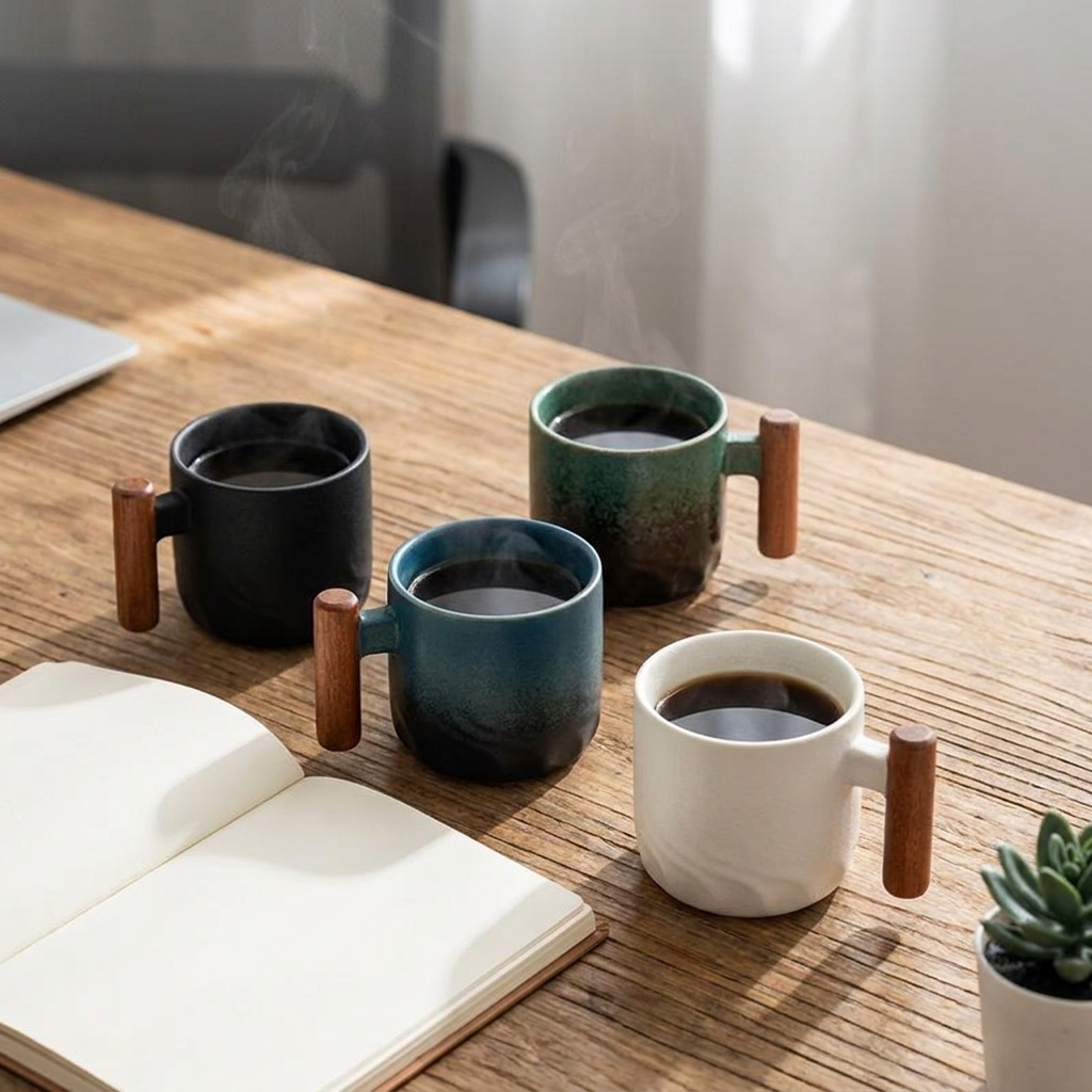Retro ceramic coffee cup with wooden handle on a warm wooden desk beside a notebook