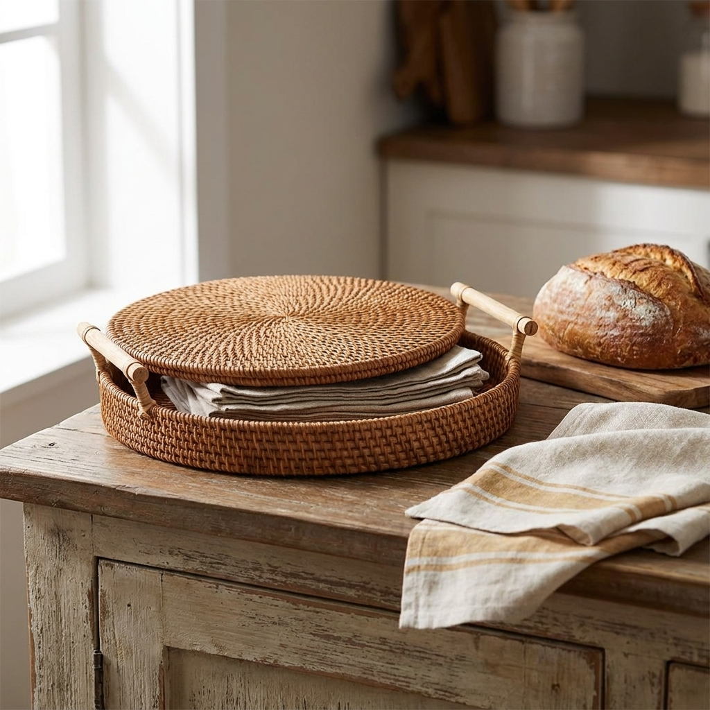 Handwoven rattan lidded storage basket tray on a farmhouse kitchen counter
