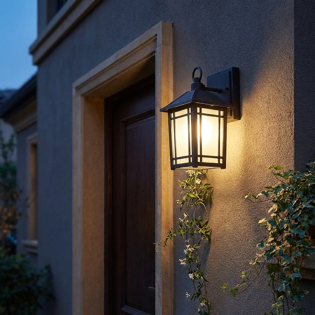 LED outdoor wall lamp mounted on a stucco villa entrance wall at dusk