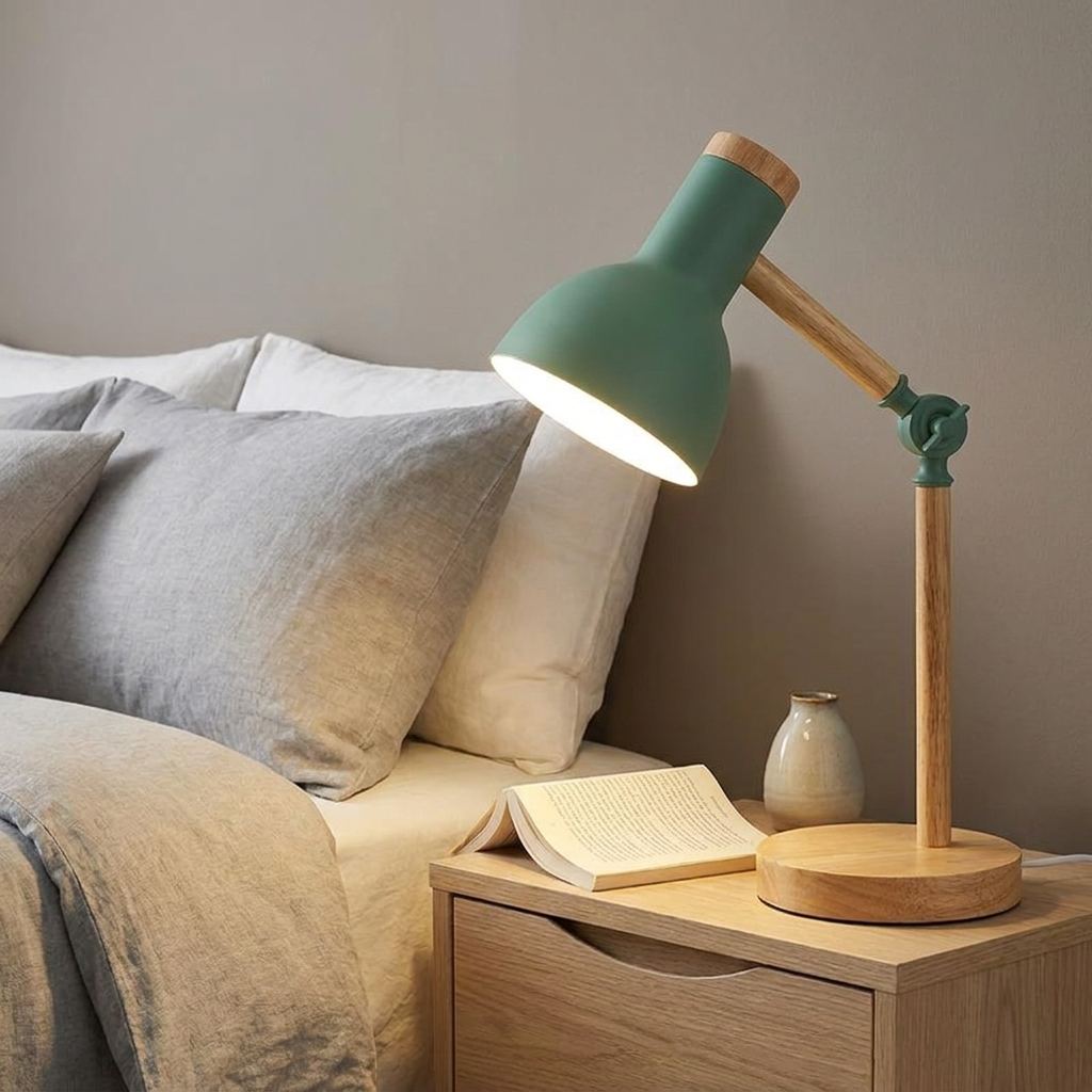 Wooden Nordic turn-head LED bedside table lamp on an oak nightstand