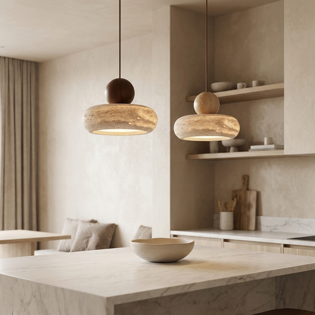 Travertine stone LED pendant light hanging above a kitchen island