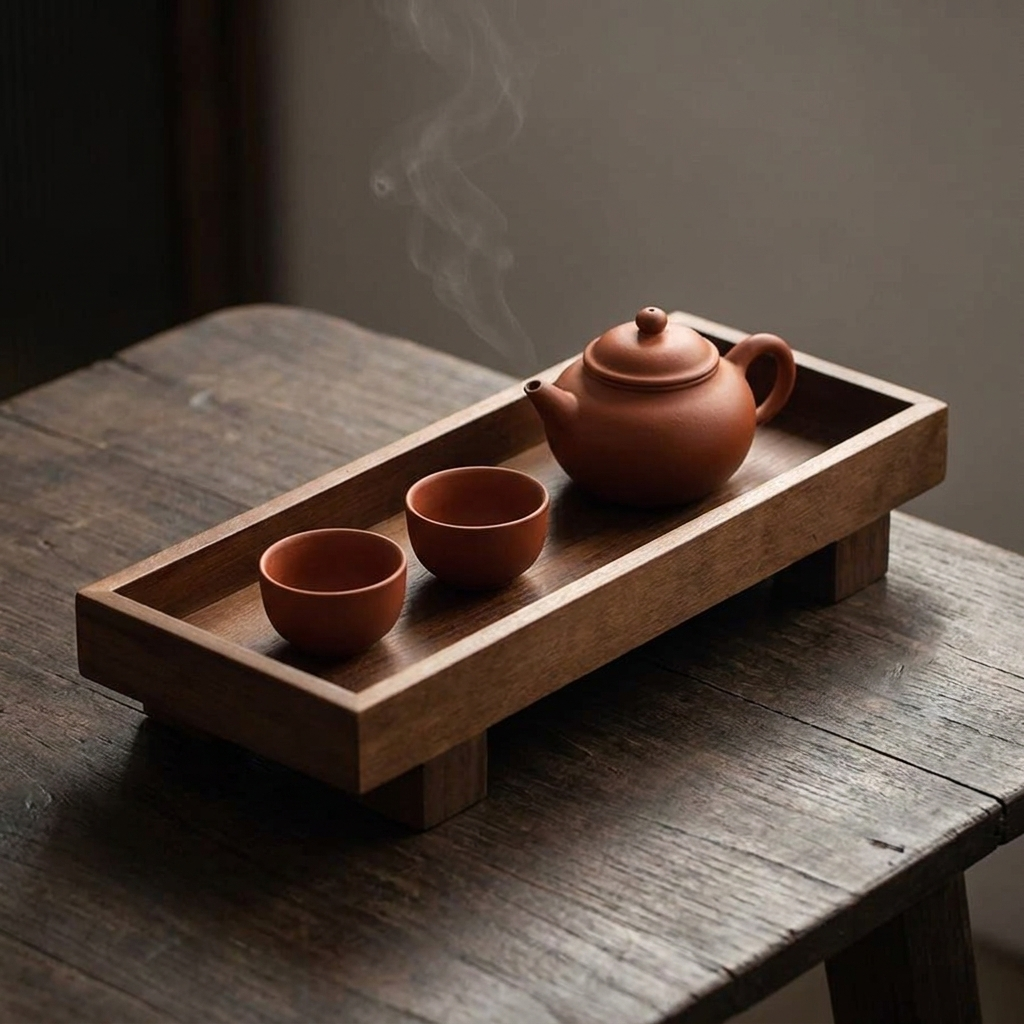 Japanese style wooden gongfu tea tray with clay teapot and cups