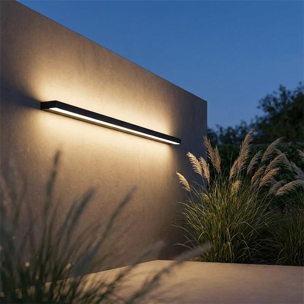 Long strip LED outdoor wall light mounted on a modern garden wall at dusk