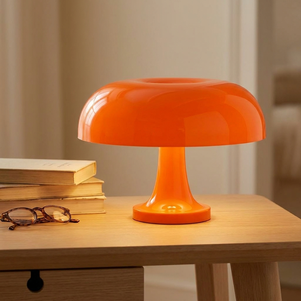 Mushroom-shaped LED desk lamp on a light oak writing desk