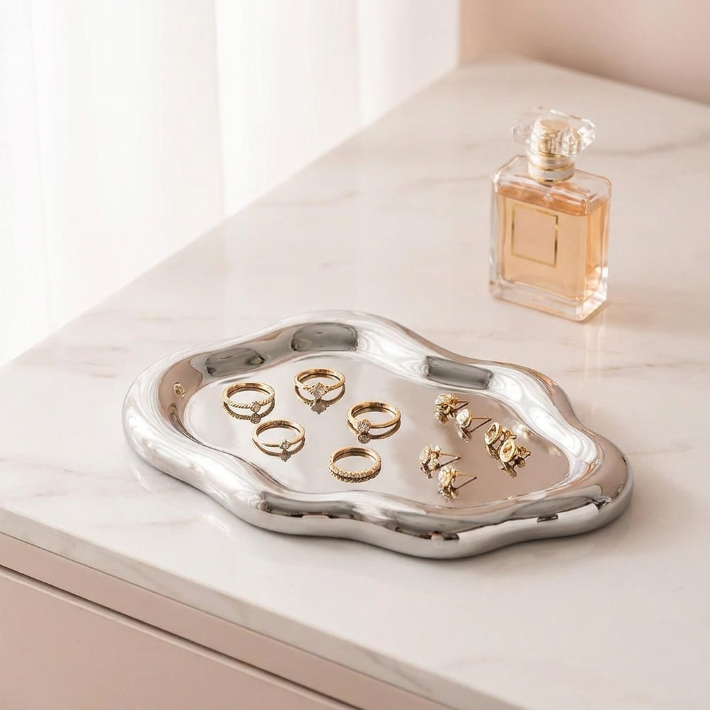 Cloud-shaped electroplated jewellery display tray on a marble dresser