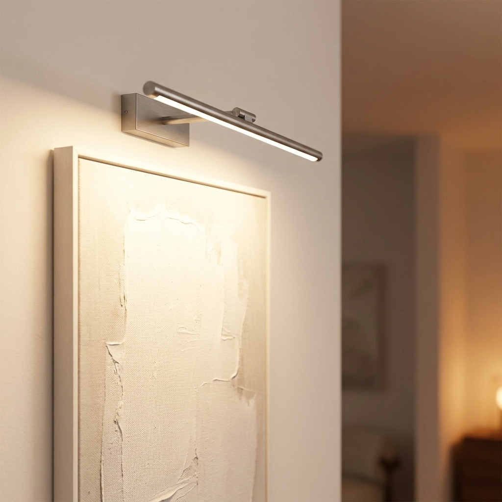Rechargeable wireless LED picture light mounted above a framed canvas