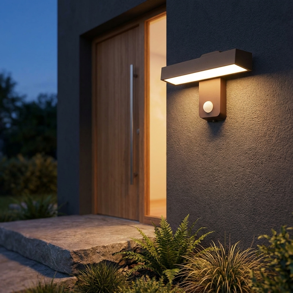 Motion sensor LED outdoor wall lamp beside a villa entrance at dusk