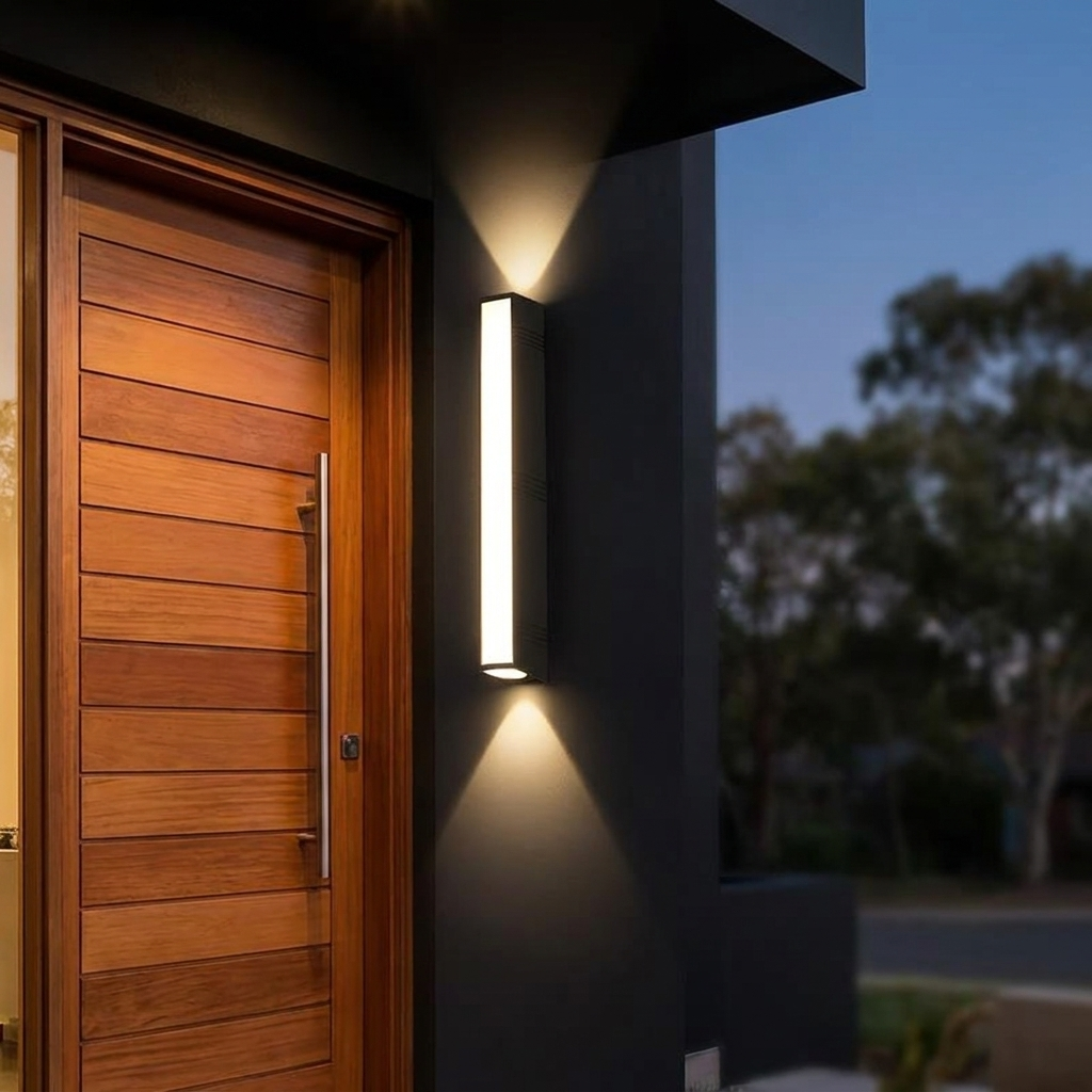 Long strip aluminium LED outdoor wall light on a contemporary porch wall