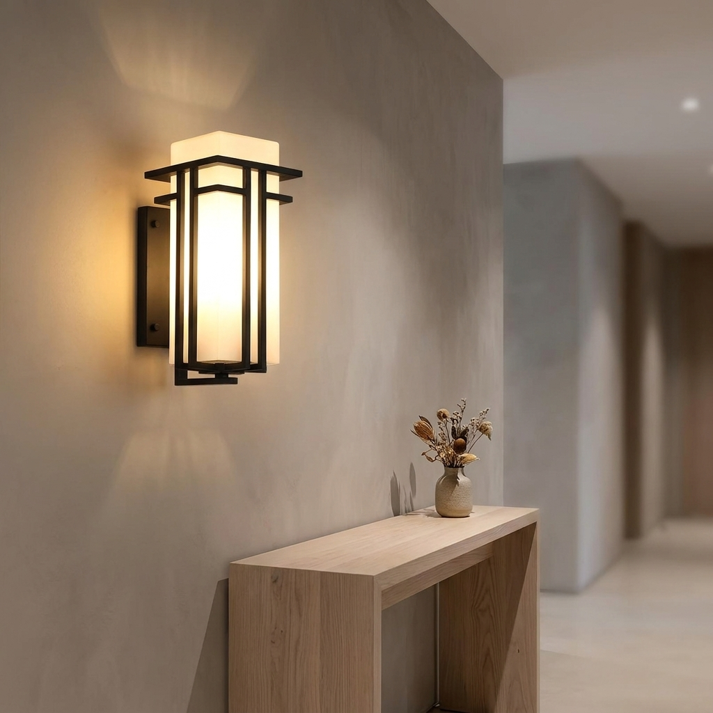 Minimalist LED wall sconce on a corridor wall above a timber console