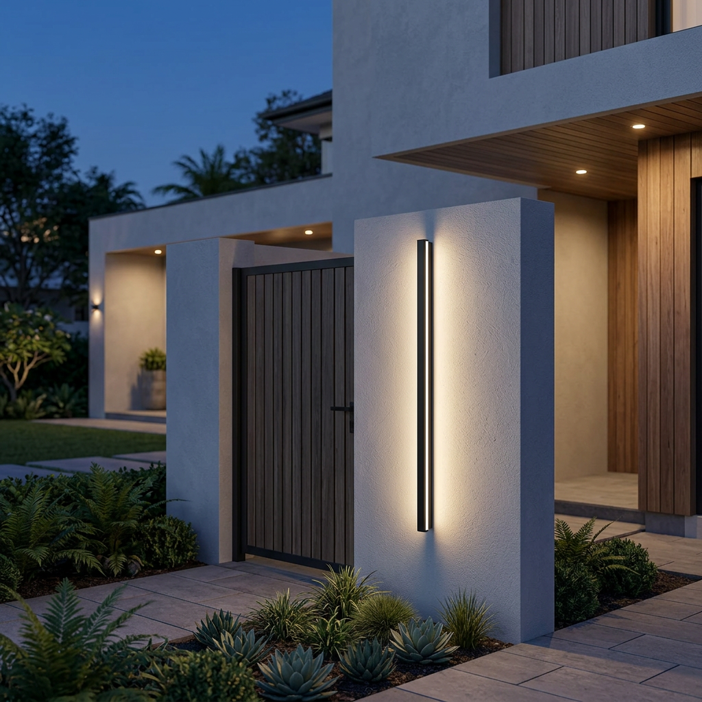 Linear LED outdoor wall light mounted beside a modern garden entrance at dusk