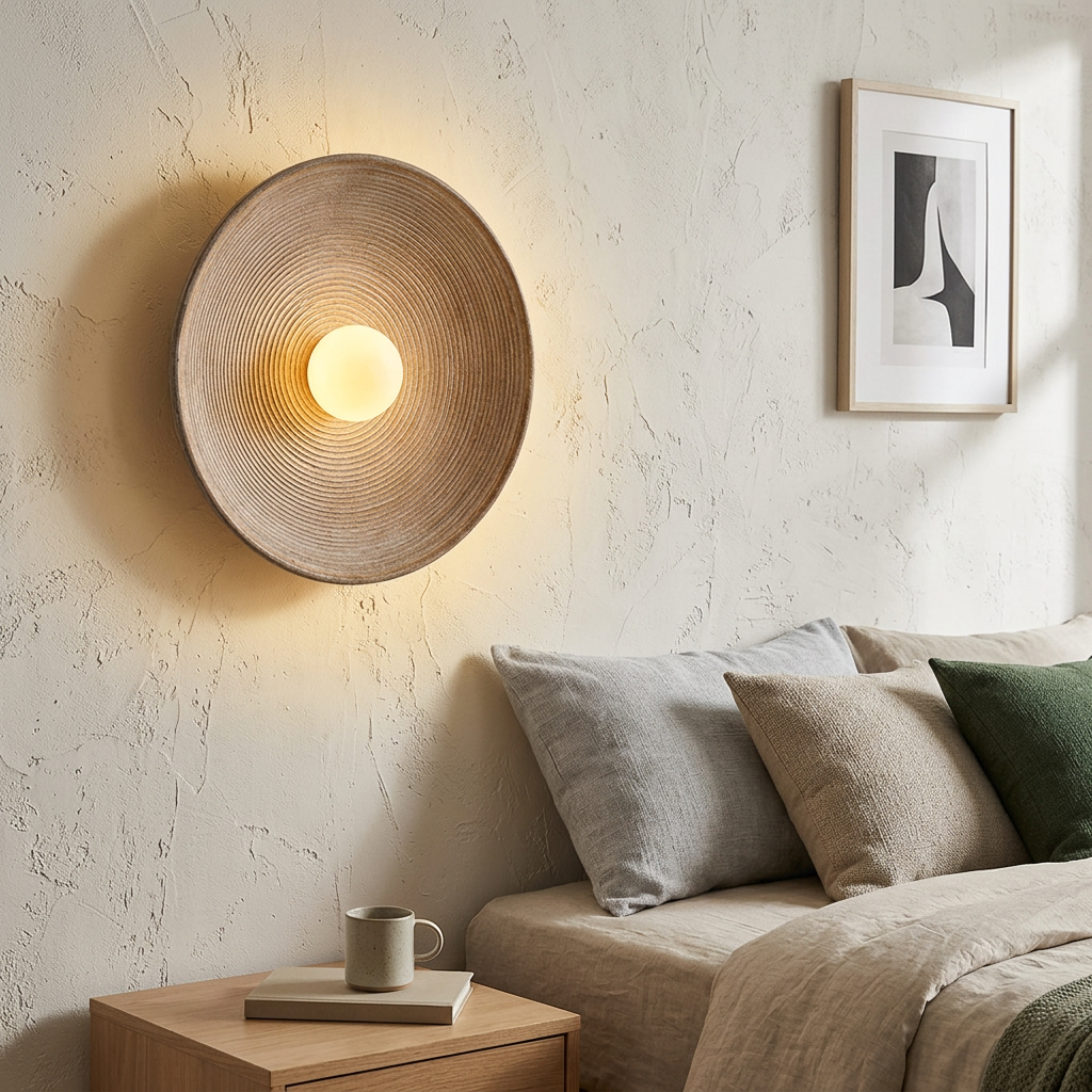 Round wabi-sabi resin wall sconce mounted on a plaster bedroom wall