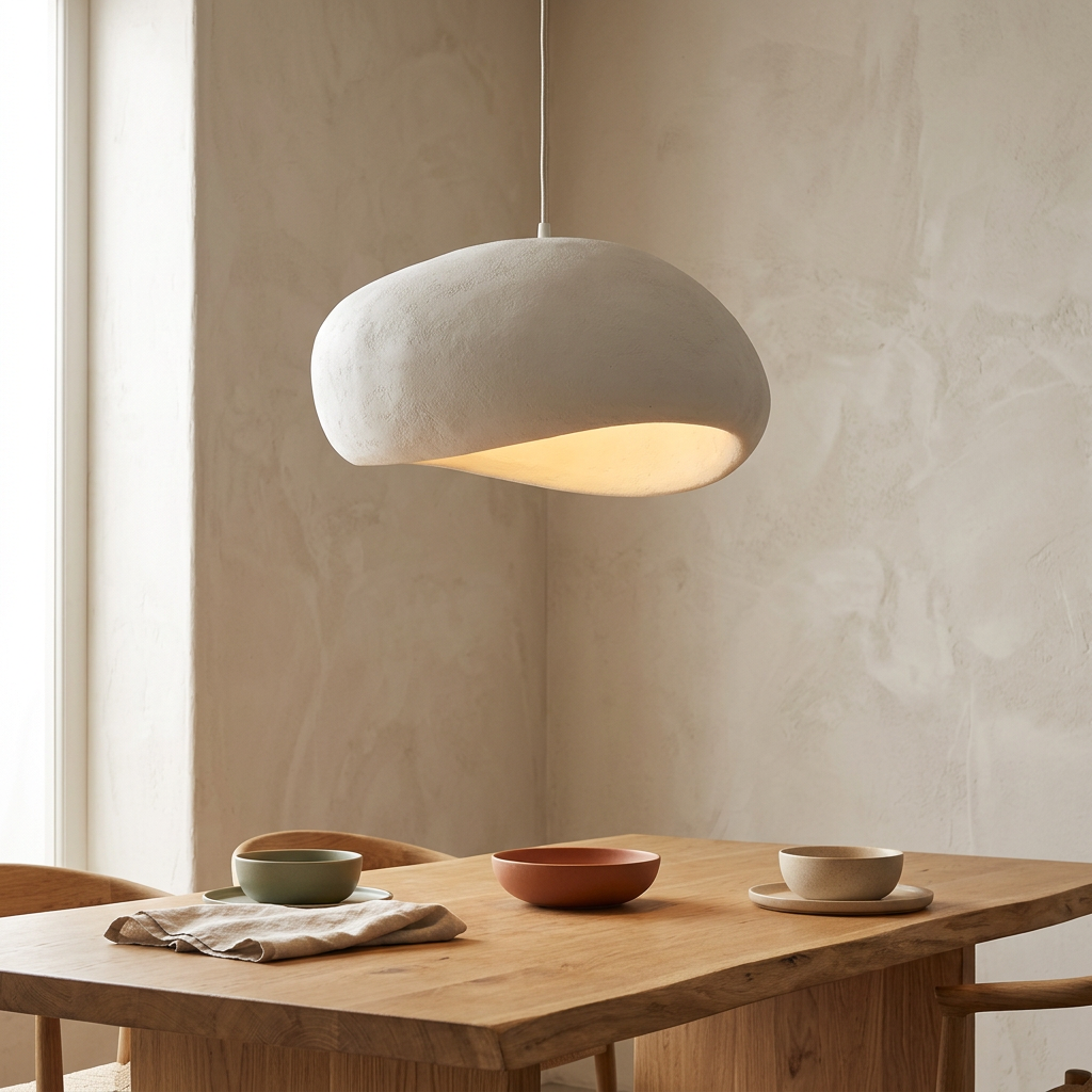 Wabi-sabi pendant lamp hanging above a dining table in a minimal interior