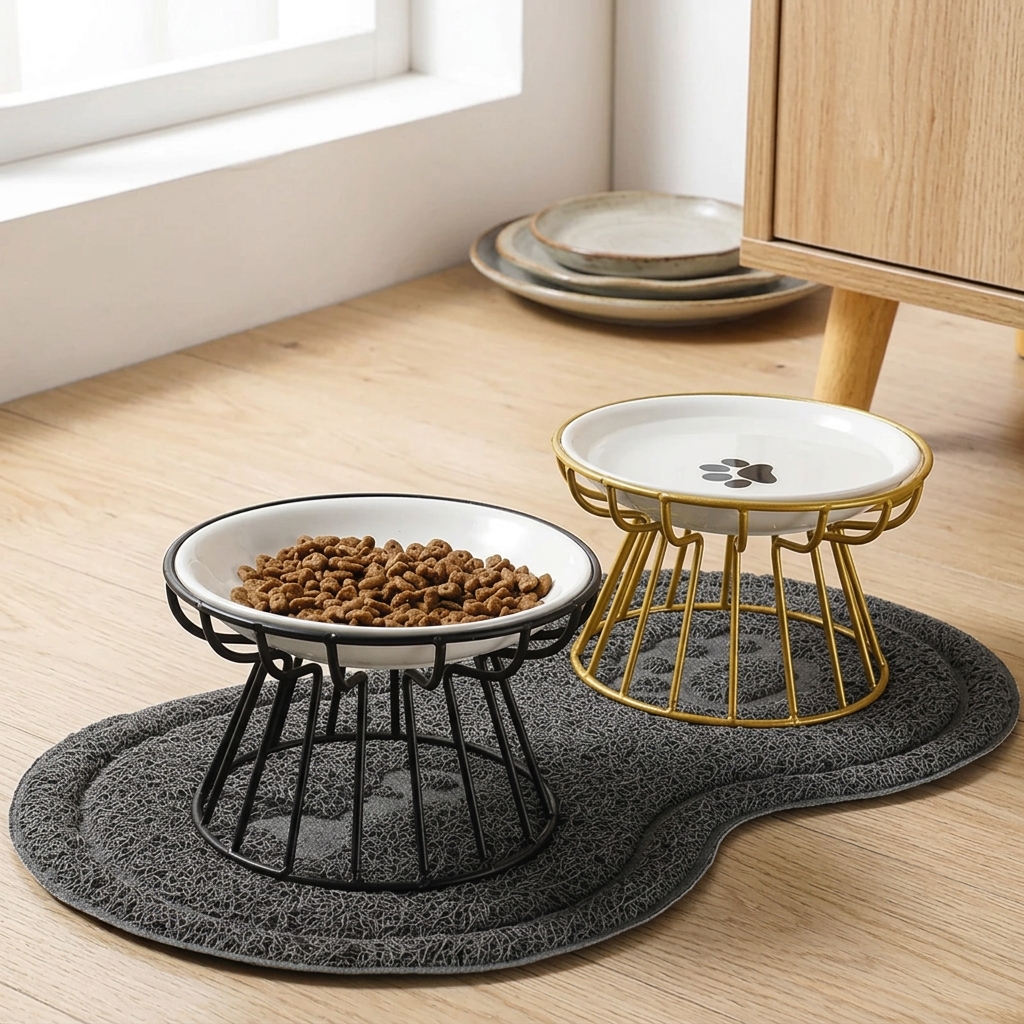 High-footed ceramic pet bowl and stand on a wooden kitchen floor
