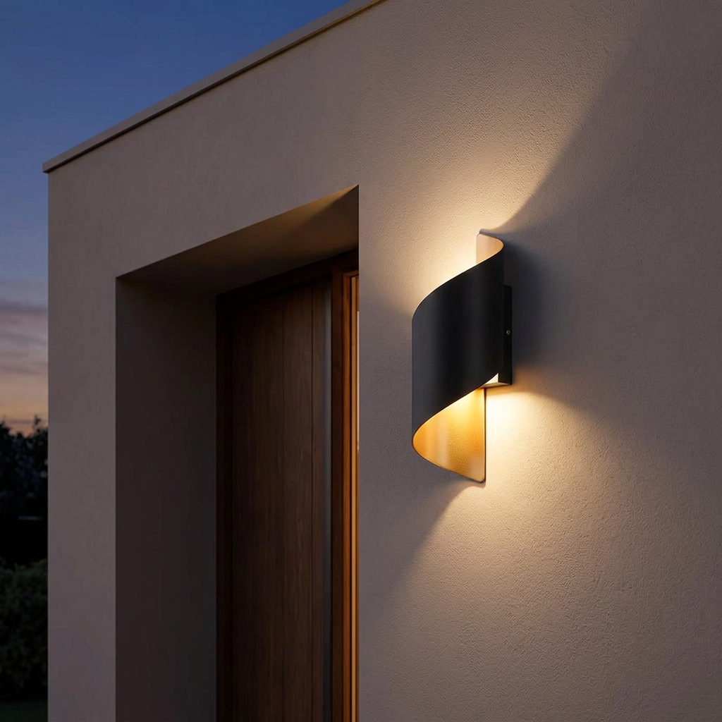 Spiral design LED wall lamp mounted beside an exterior doorway at dusk