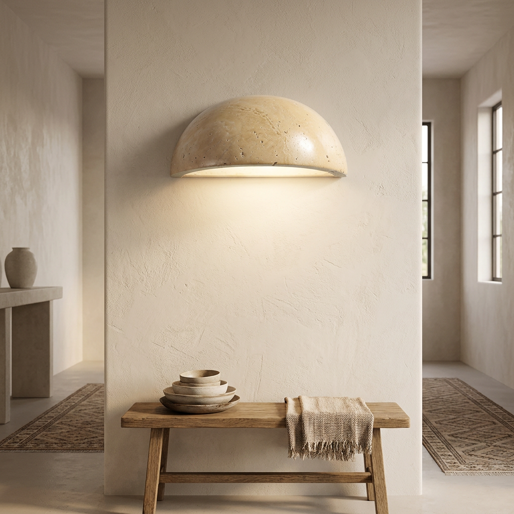 Semi-circle yellow travertine wall lamp mounted above a hallway bench