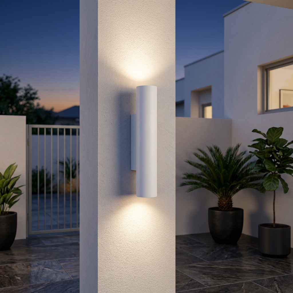 Aluminium up-down outdoor wall light on a rendered courtyard wall at dusk