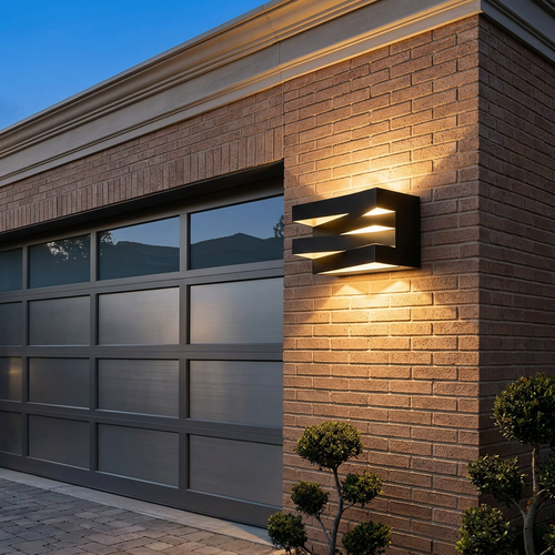 Modern aluminium outdoor wall sconce beside a garage door on a brick villa