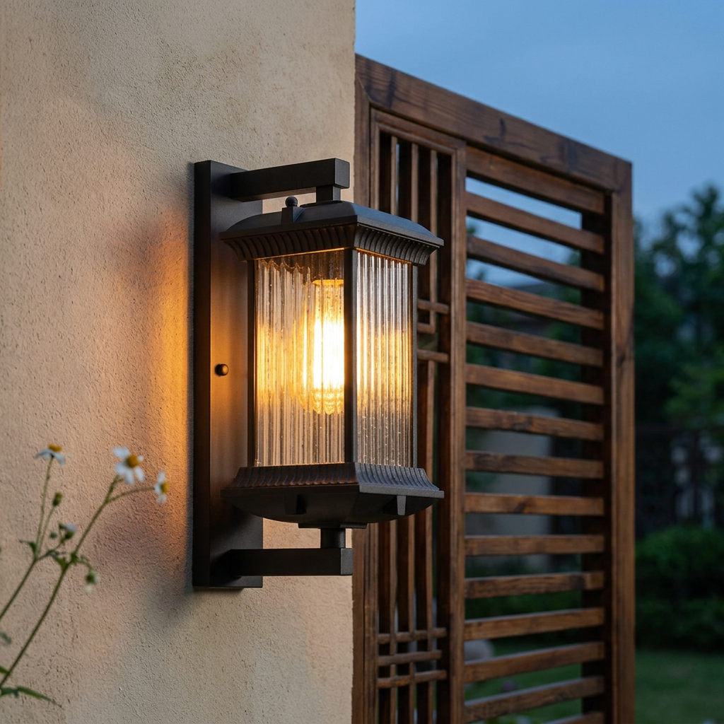 Retro black outdoor wall lantern on a garden courtyard wall at dusk
