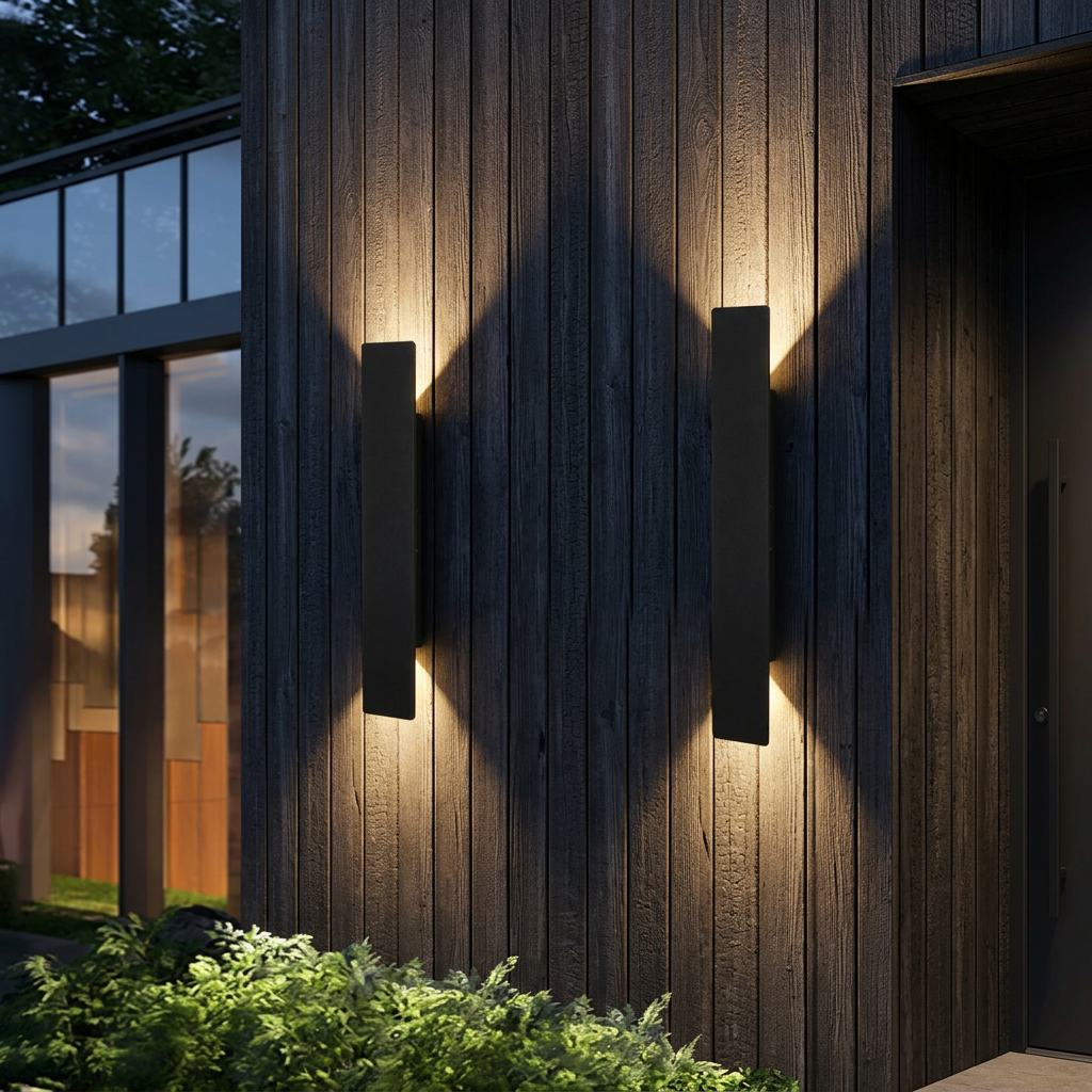 Slim aluminium up-and-down outdoor wall lamp on a timber-clad entry wall