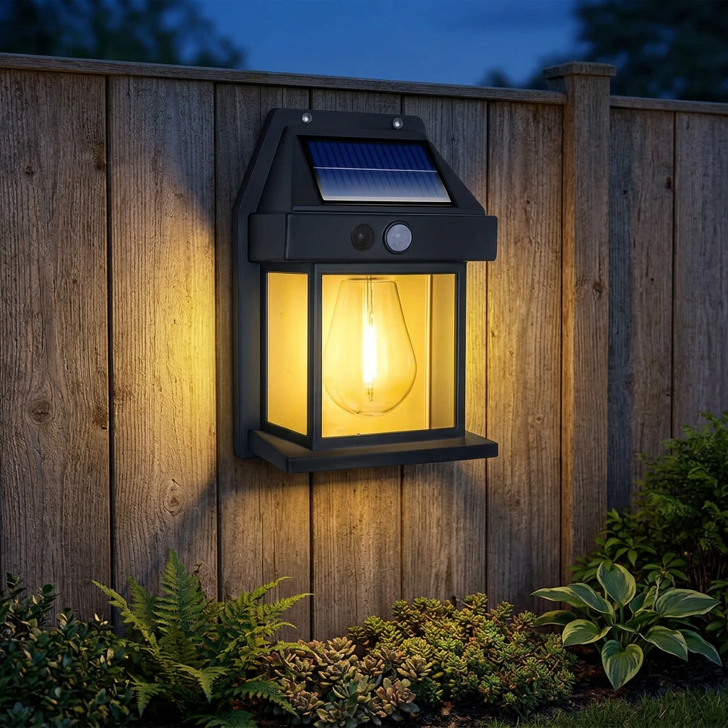 Solar wall lantern mounted on a timber garden fence glowing at dusk