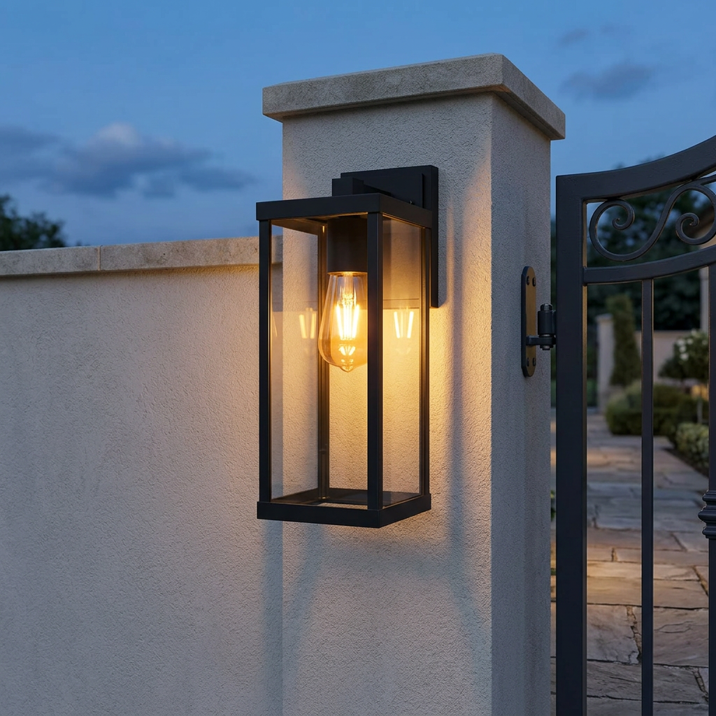 Black gate-post courtyard lamp mounted on a rendered gate pillar