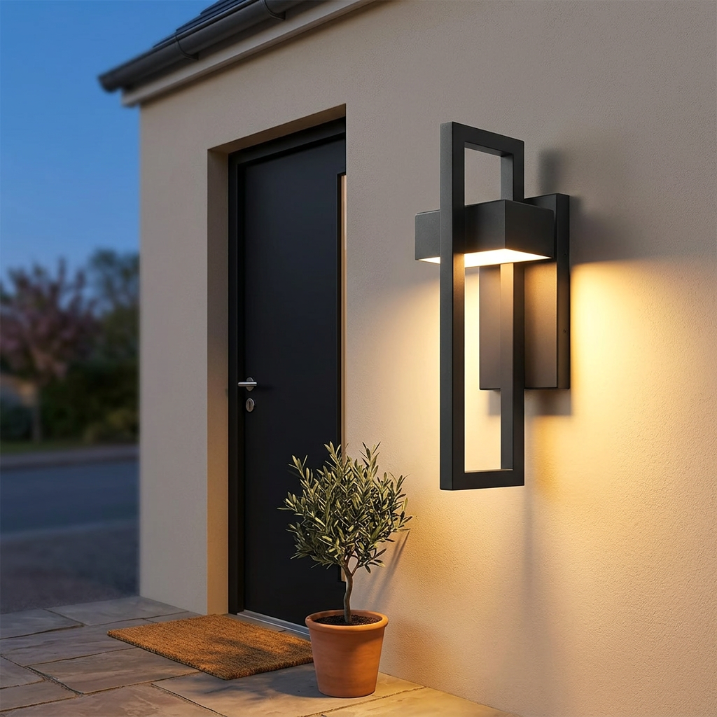 Tall retro black wall light mounted beside a front door at dusk