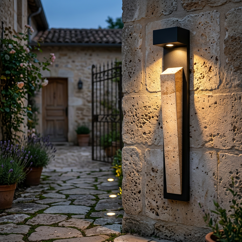 Natural marble and travertine outdoor wall light glowing on a courtyard wall