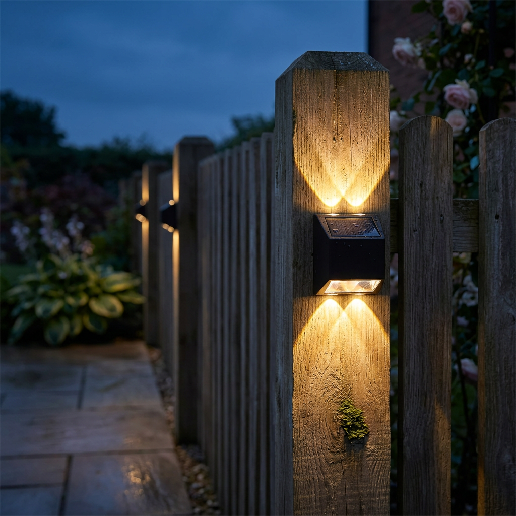 Solar dusk-to-dawn fence light glowing on a garden post beside a patio path