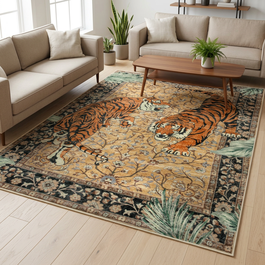 Jungle tiger area rug laid on a wooden living room floor by a sofa