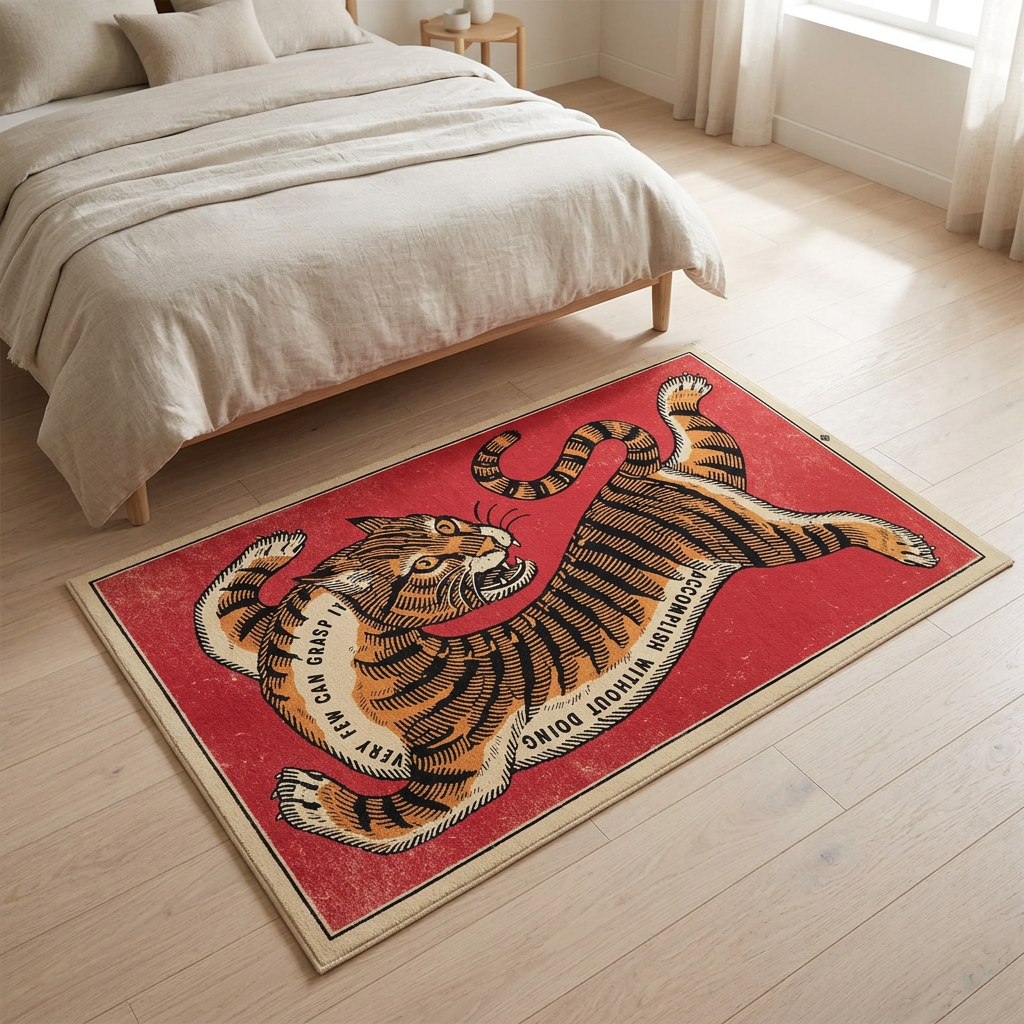 Tiger print rug laid at the foot of a bed on a wooden bedroom floor