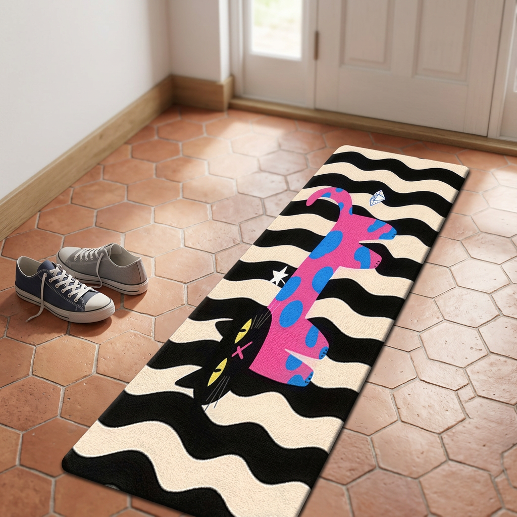 Cartoon cat doormat rug on a tiled entrance hallway floor