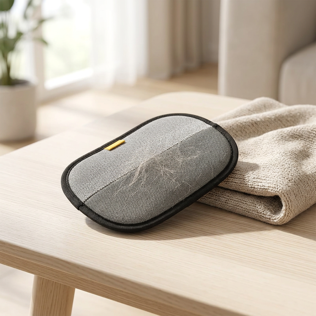Double-sided pet deshedding brush on a wooden table beside a blanket