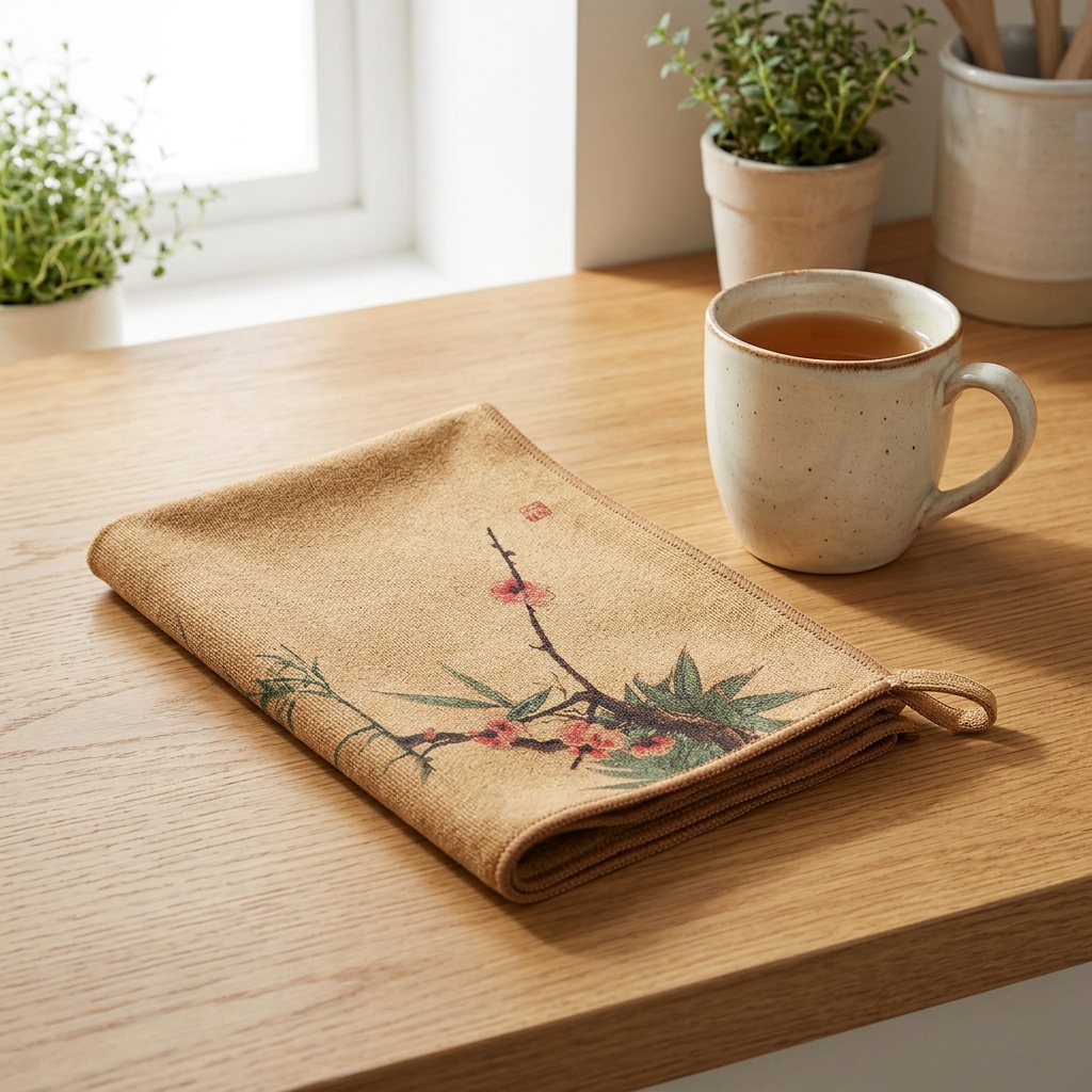 Painted cotton tea towel folded on a wooden kitchen worktop
