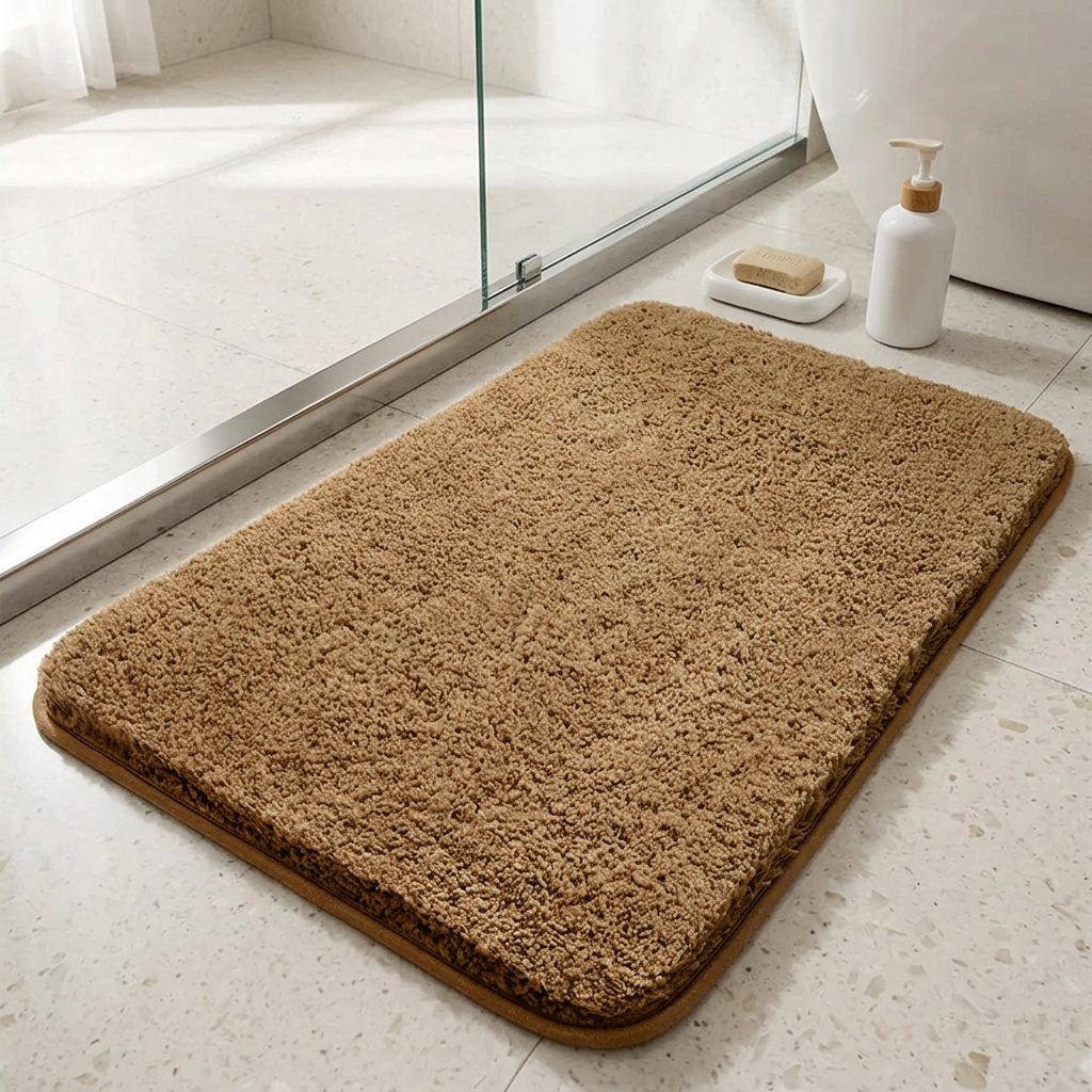 Long-hair absorbent bath mat on a tiled floor in front of a shower