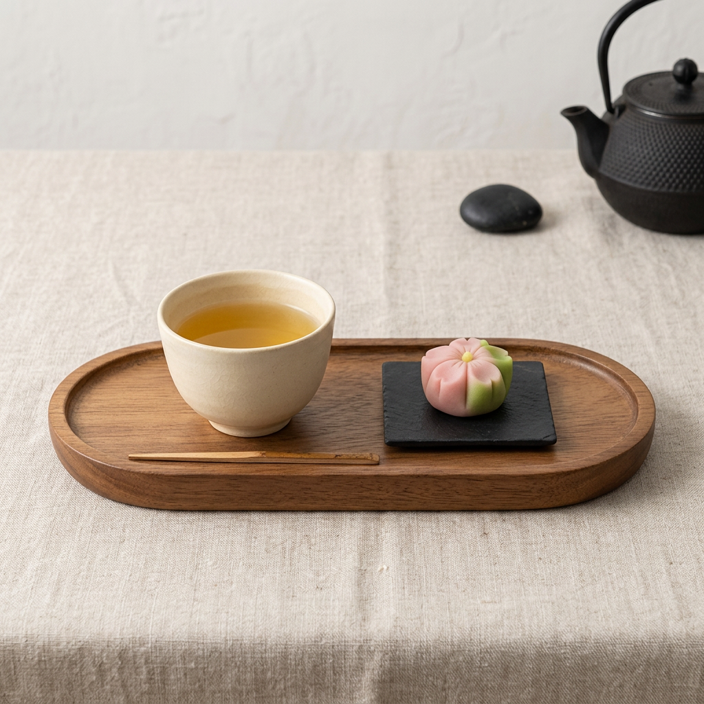 Solid wood serving tray on a linen table with a teacup and pastry