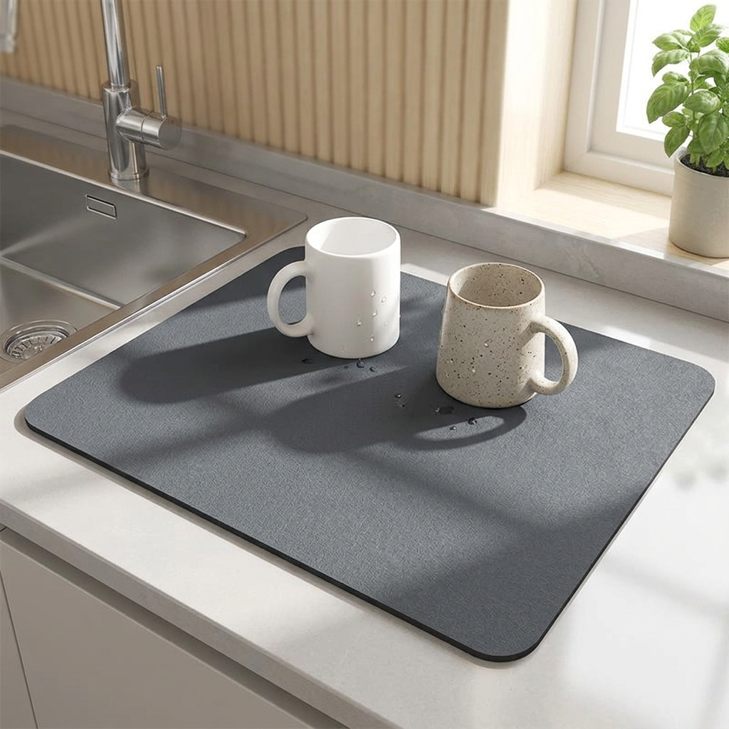 Absorbent dish drying mat on a kitchen worktop with mugs draining