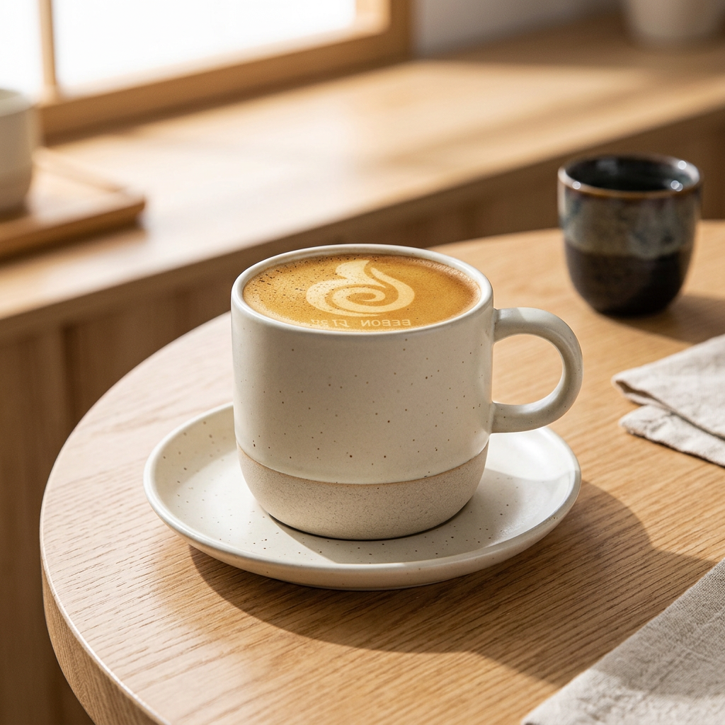 Vintage stoneware coffee mug on a wooden cafe table with a saucer